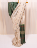 Natural Cream Kosa Silk Saree with Green Designer Anchal