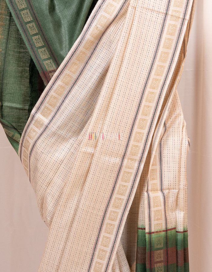 Natural Cream Kosa Silk Saree with Green Designer Anchal - Image 3