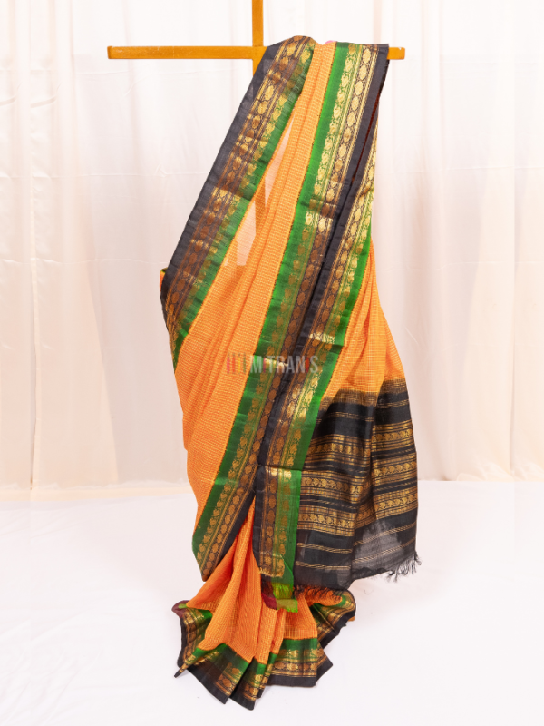 Orange Green and Black Cotton Gadwal Saree with Silk Border