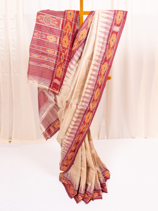 Natural Tussar Saree with Red Ikkat Temple Border