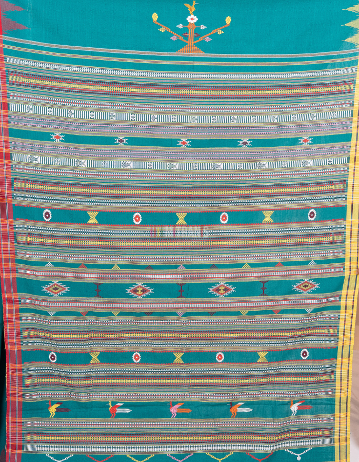 Shamrock Green Cotton Ganjam Bomkai Saree with Ganga Jamuna Border - Image 4