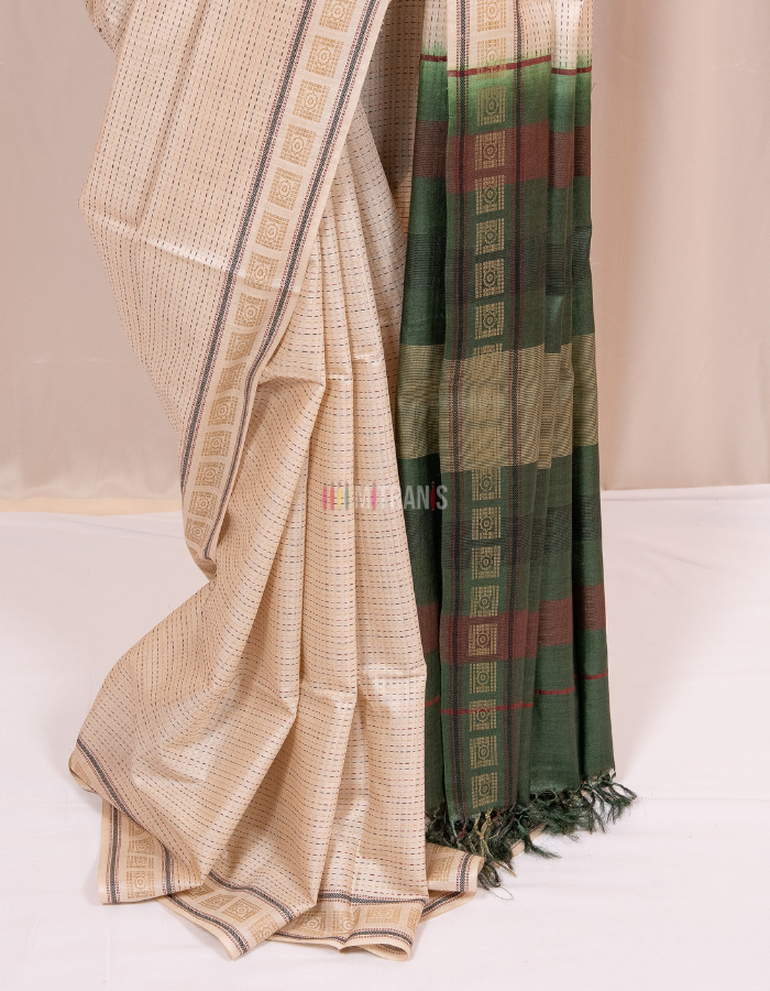 Natural Cream Kosa Silk Saree with Green Designer Anchal - Image 2