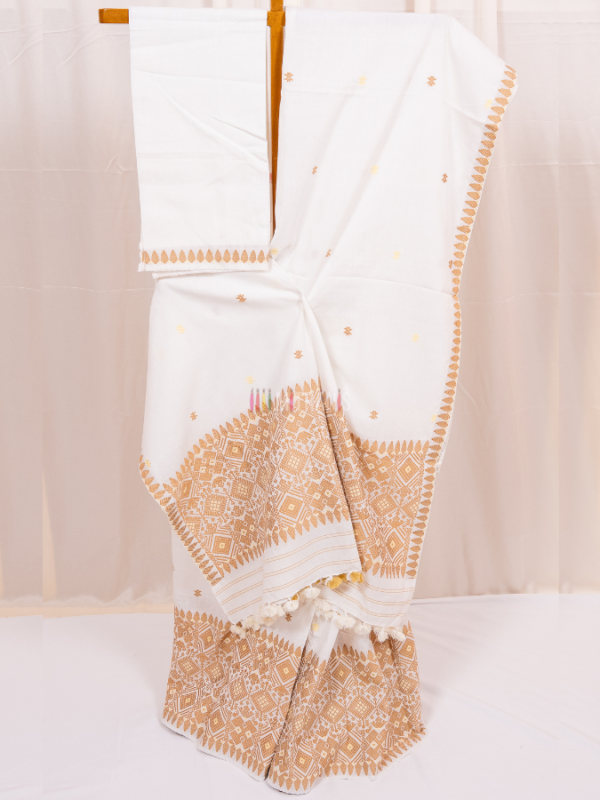 White Cotton Mekhla Chador Set with Traditional Buti Work