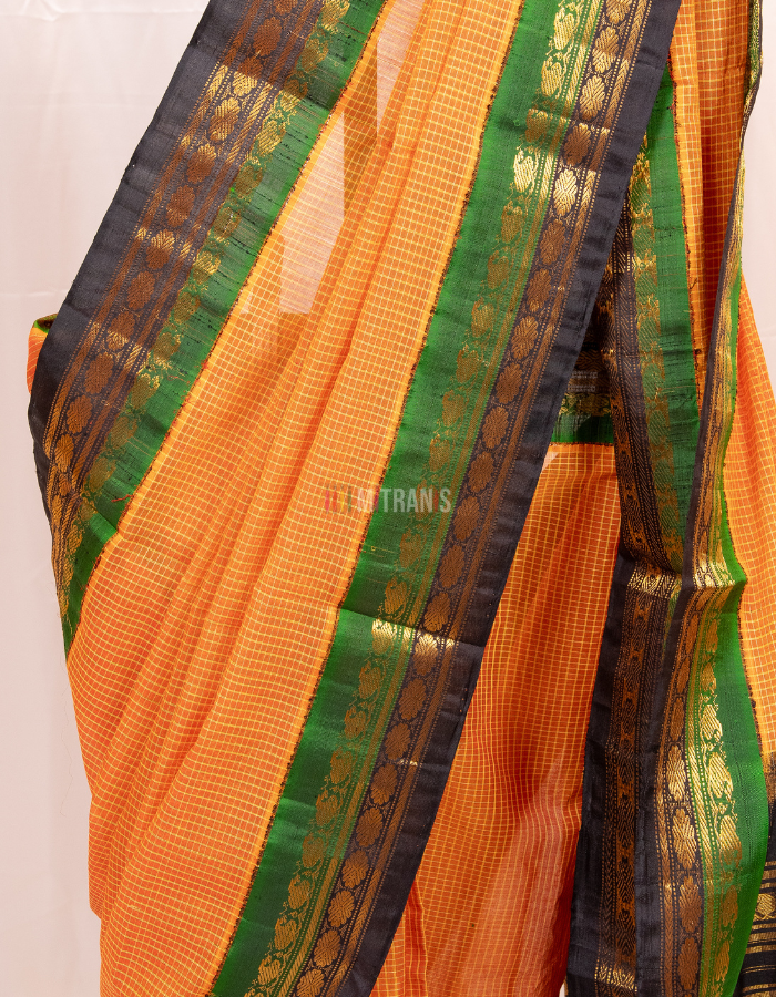 Orange Green and Black Cotton Gadwal Saree with Silk Border - Image 2
