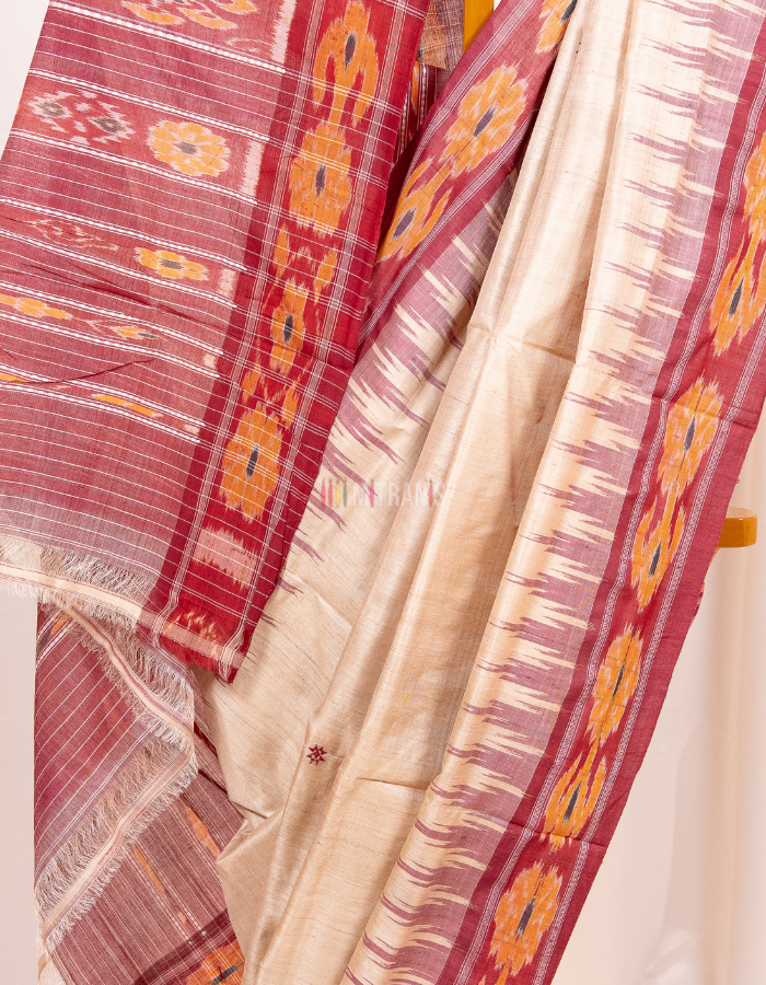 Natural Tussar Saree with Red Ikkat Temple Border - Image 3