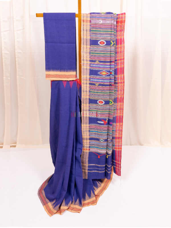 Purplish Blue Cotton Ganjam Bomkai Saree with Ganga Jamuna Border