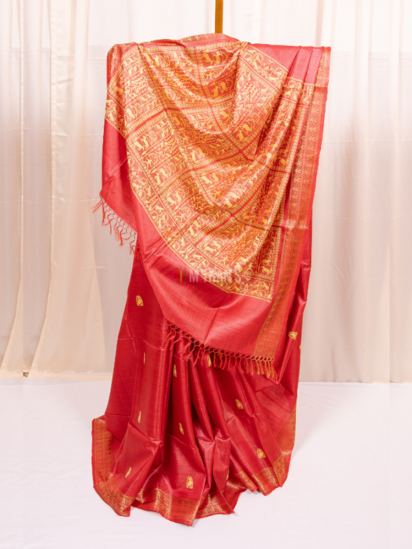Candy Red Kosa Silk Saree with Tribal Motif Anchal
