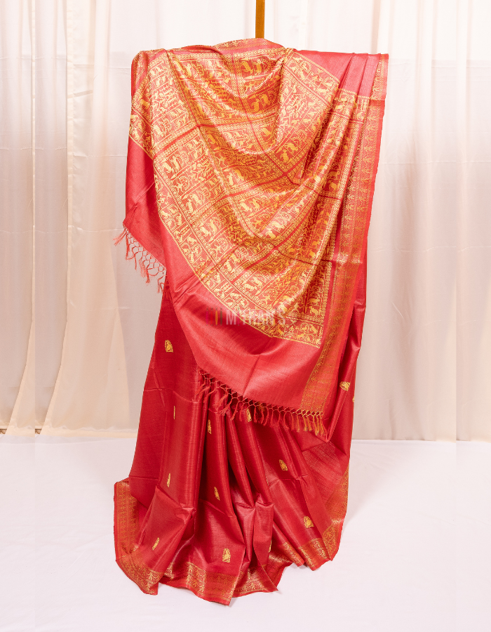 Candy Red Kosa Silk Saree with Tribal Motif Anchal