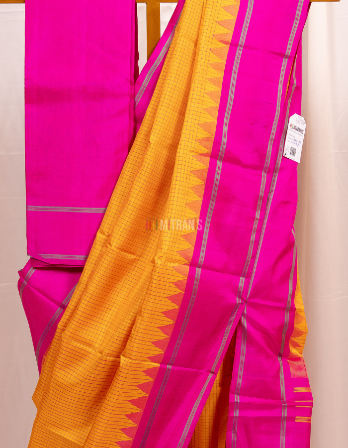 Yellow and Rani Pink Zero Zari Kanjivaram Silk Saree - Image 3