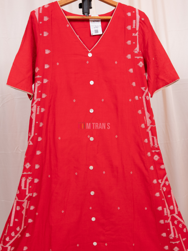 Red 100 Count Cotton Jamdani Long Dress with Pockets