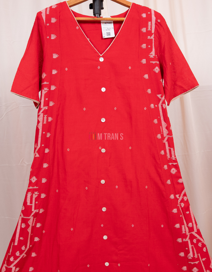 Red 100 Count Cotton Jamdani Long Dress with Pockets