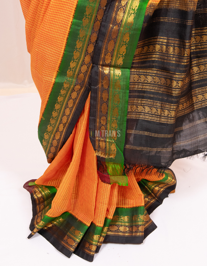 Orange Green and Black Cotton Gadwal Saree with Silk Border - Image 4