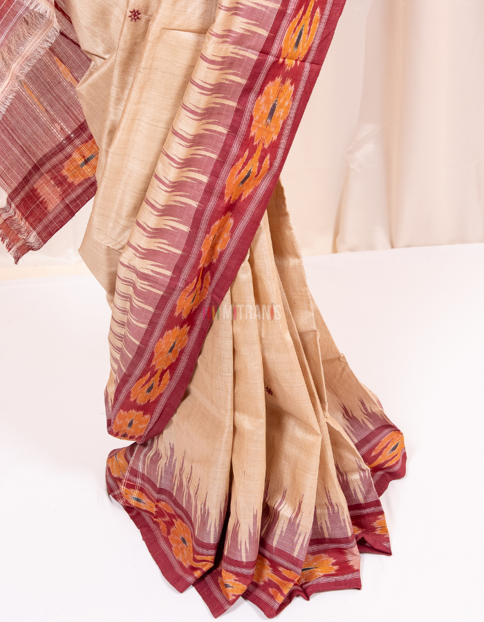 Natural Tussar Saree with Red Ikkat Temple Border - Image 2