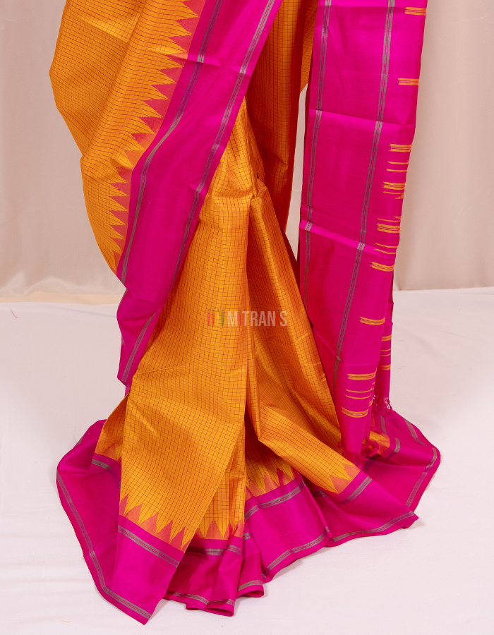 Yellow and Rani Pink Zero Zari Kanjivaram Silk Saree - Image 2