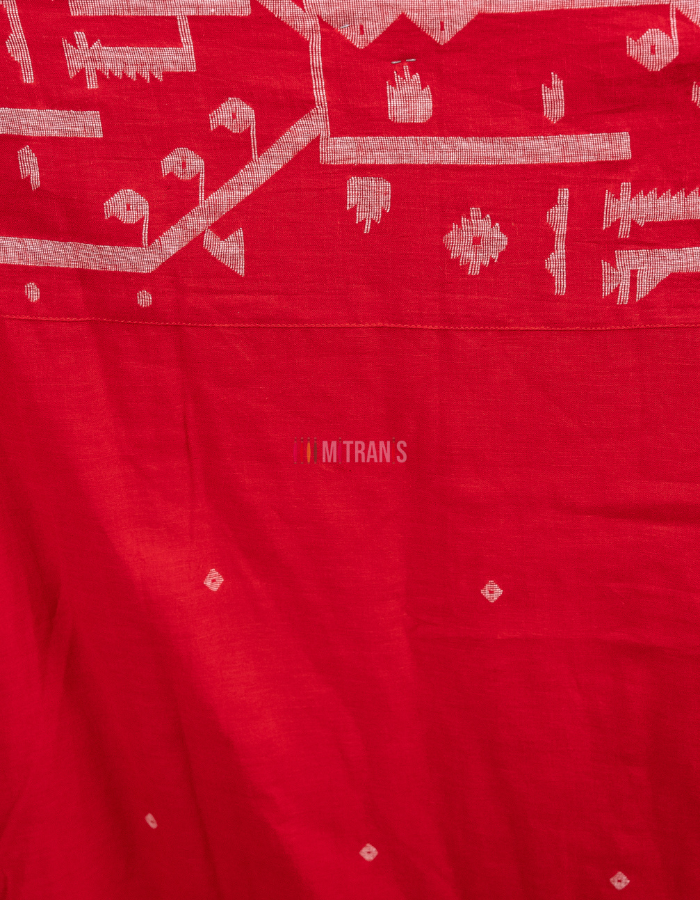 Red 100 Count Cotton Jamdani Long Dress with Pockets - Image 2