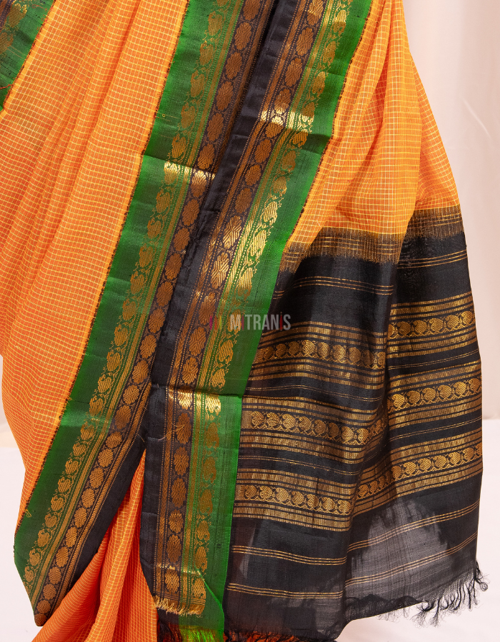 Orange Green and Black Cotton Gadwal Saree with Silk Border - Image 3