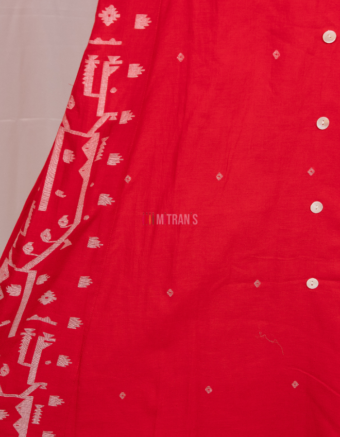 Red 100 Count Cotton Jamdani Long Dress with Pockets - Image 3