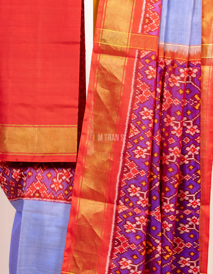 Slate Blue Rajkot Single Patola Silk Saree with Red Ikkat Border - Image 3