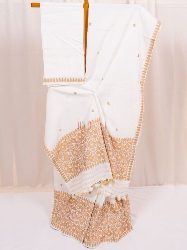 White Cotton Mekhla Chador Set with Traditional Buti Work