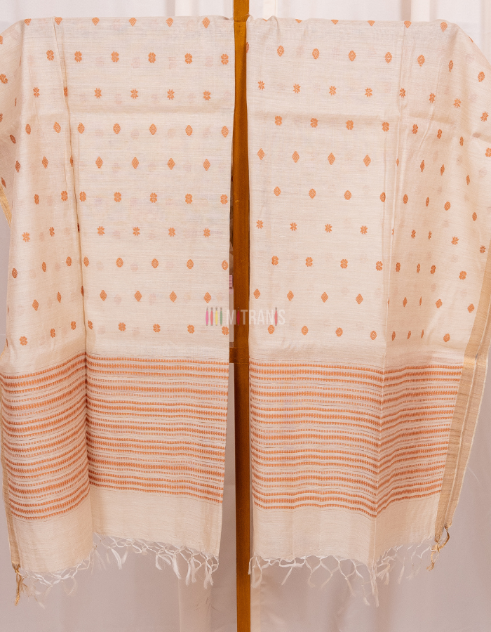 Natural Kosa Tussar Dupatta with Rust Buti Design