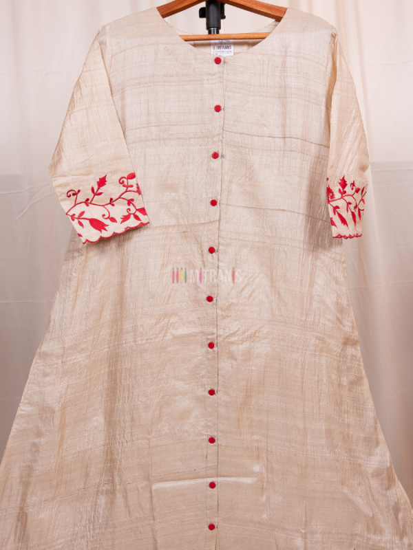 Kosa Tussar Long Dress with Machine Embroidery