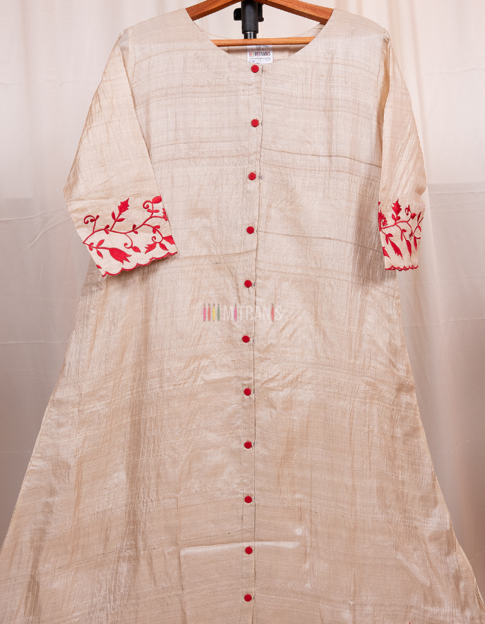 Kosa Tussar Long Dress with Machine Embroidery