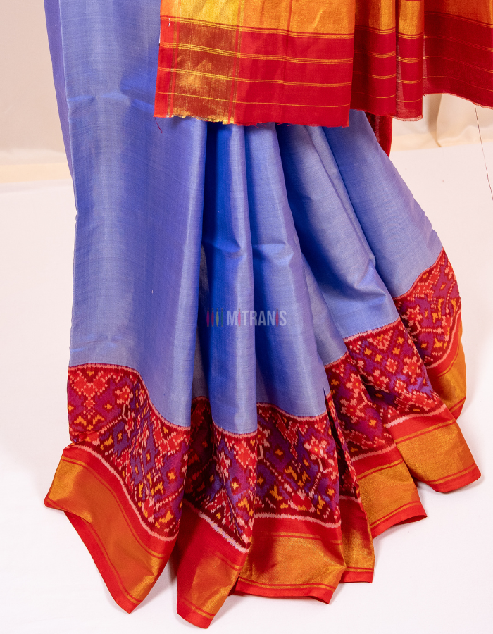 Slate Blue Rajkot Single Patola Silk Saree with Red Ikkat Border - Image 2