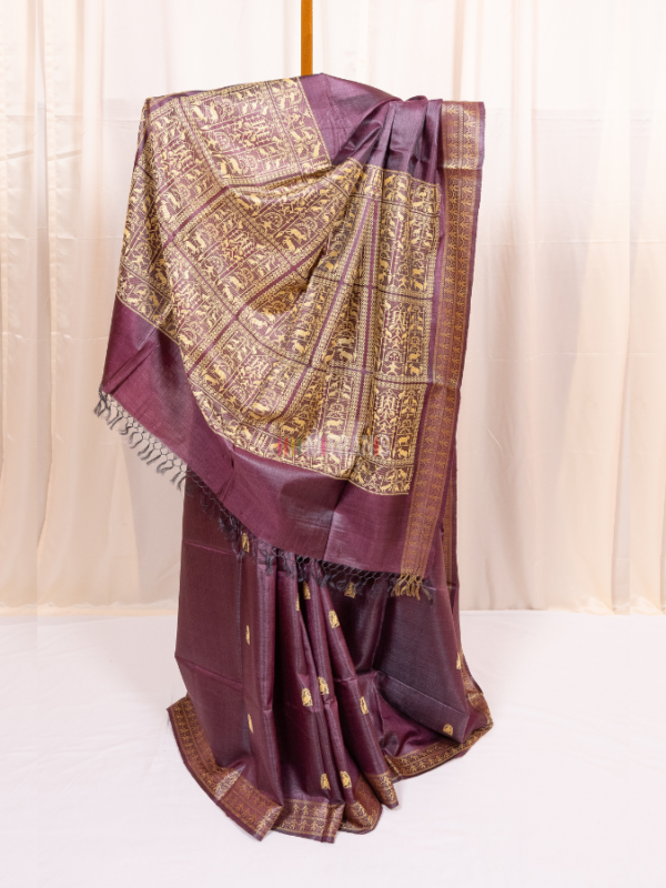 Burgundy Kosa Silk Saree with Tribal Motif Border