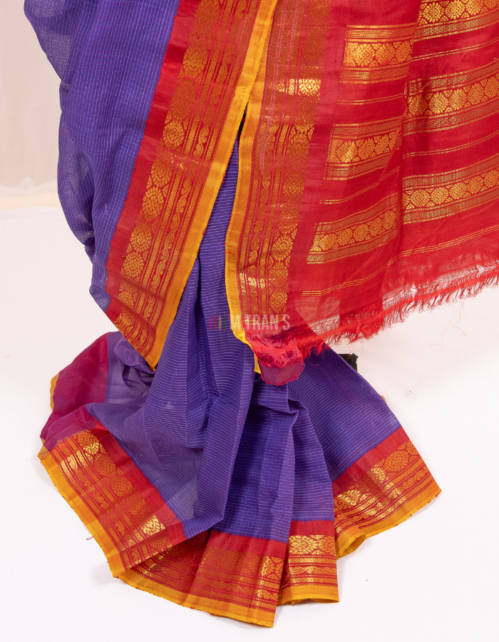 Purple and Red Cotton Gadwal Saree with Pure Silk Border - Image 3