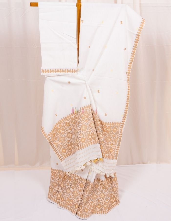 White Cotton Mekhla Chador Set with Traditional Buti Work