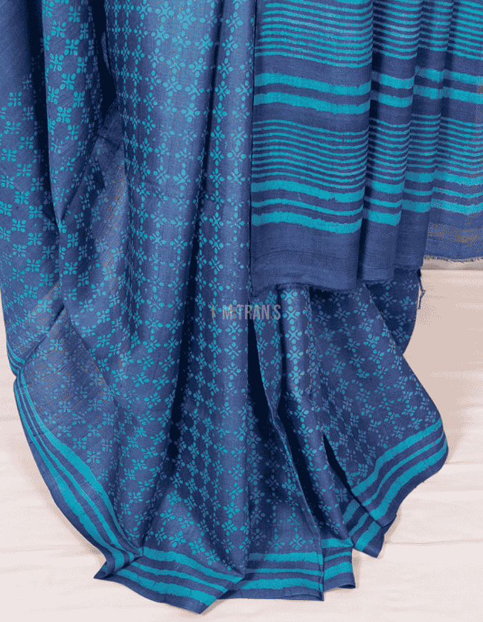 Indigo Firozi Dabu Hand Block Print Tussar - Image 3