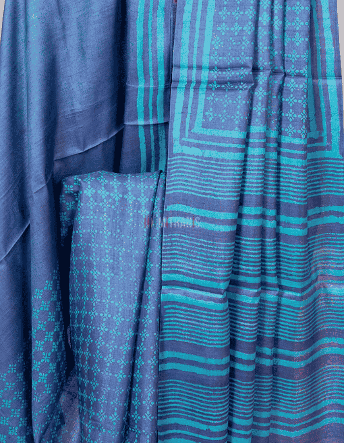 Indigo Firozi Dabu Hand Block Print Tussar - Image 2