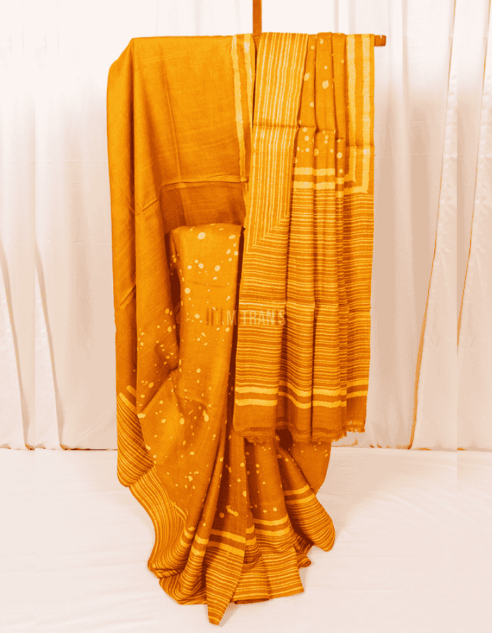 Ochre Yellow Dabu Hand Block Print Tussar