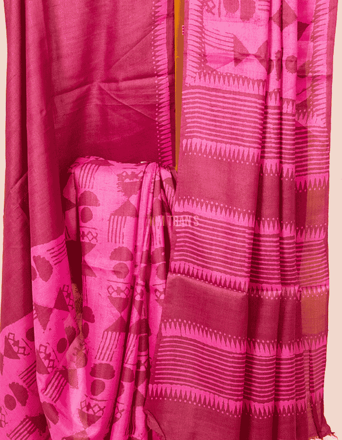 Magenta Dabu Hand Block Print Tussar - Image 3