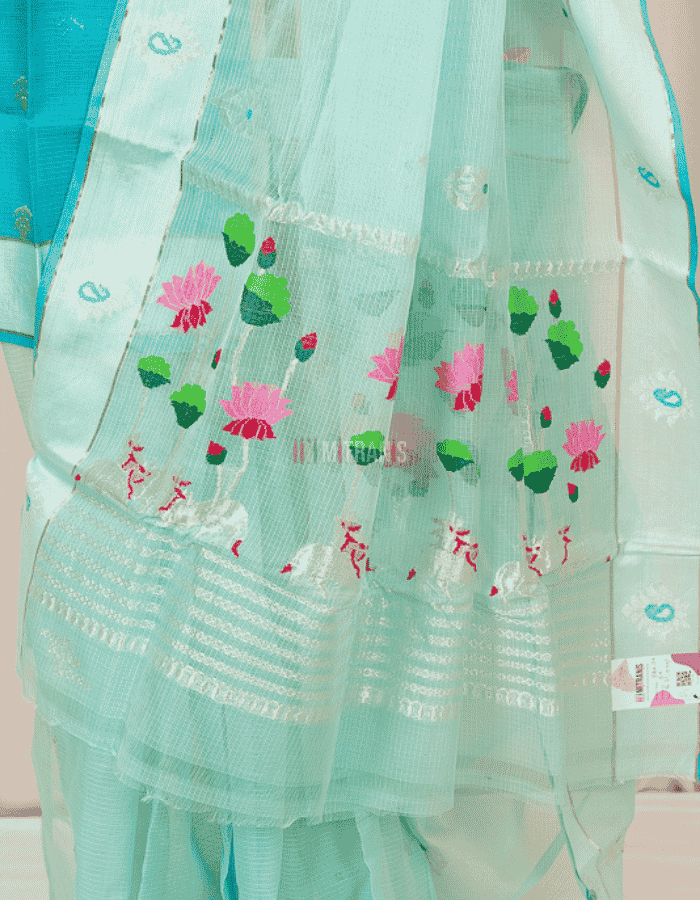 Sea Green Pure Silver Zari Kota Doria - Image 3