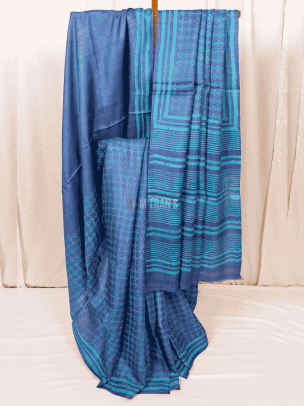Indigo Firozi Dabu Hand Block Print Tussar